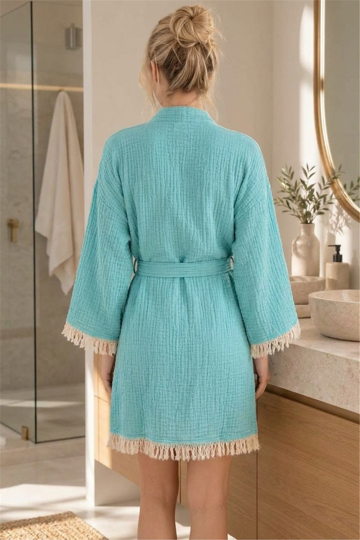 Müslin Peştemal Kimono Bornoz Kısa - %100 Pamuk, Doğal Dokulu