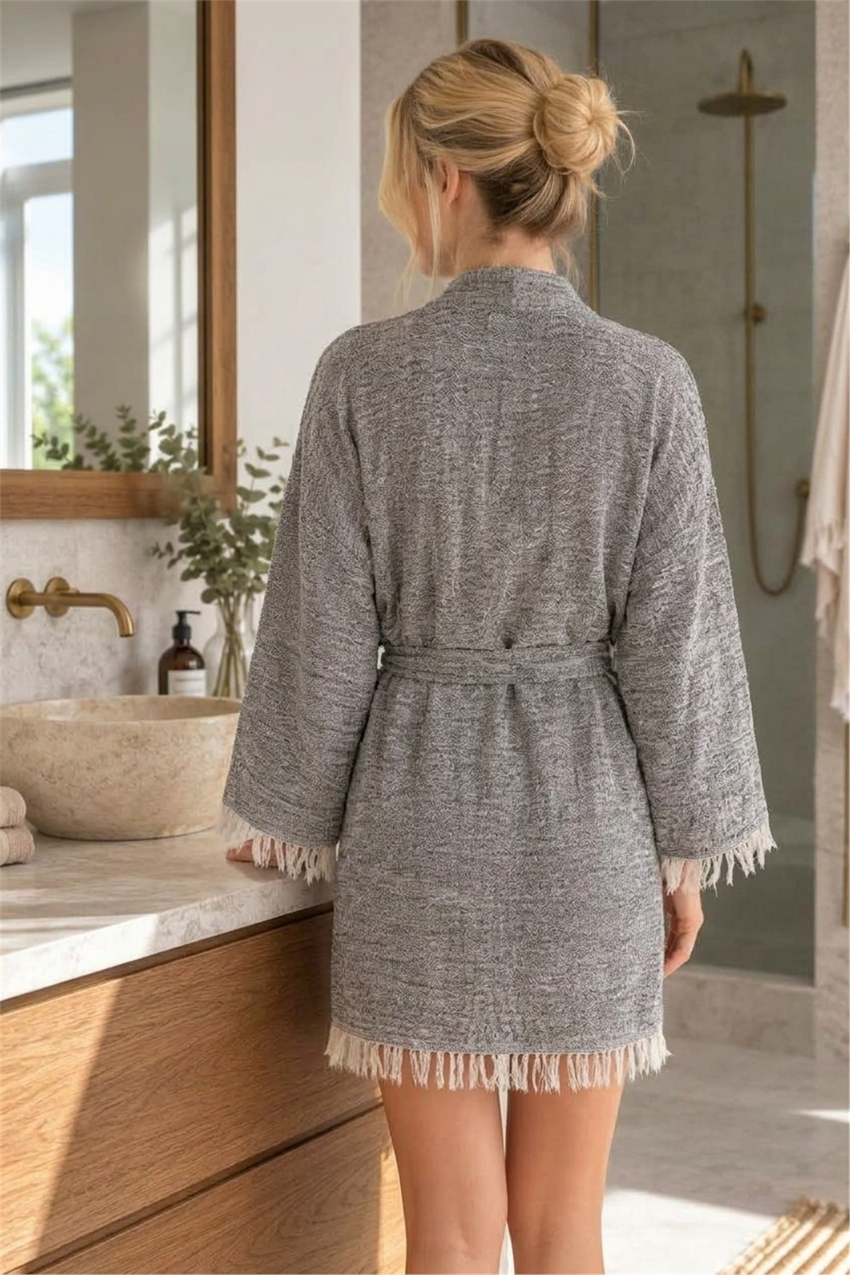 Müslin Peştemal Kimono Bornoz Kısa - %100 Pamuk, Doğal Dokulu