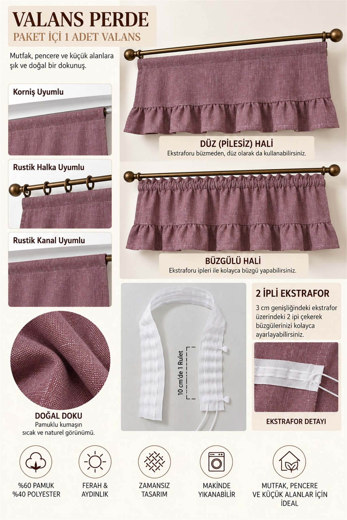 Naturel Country Farbela Valans Perde - Büzgülü Country Perde