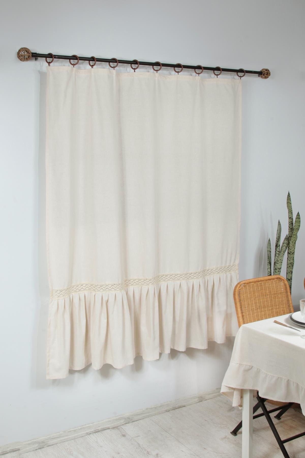 Naturel Fırfırlı Dantelli Perde Vintage