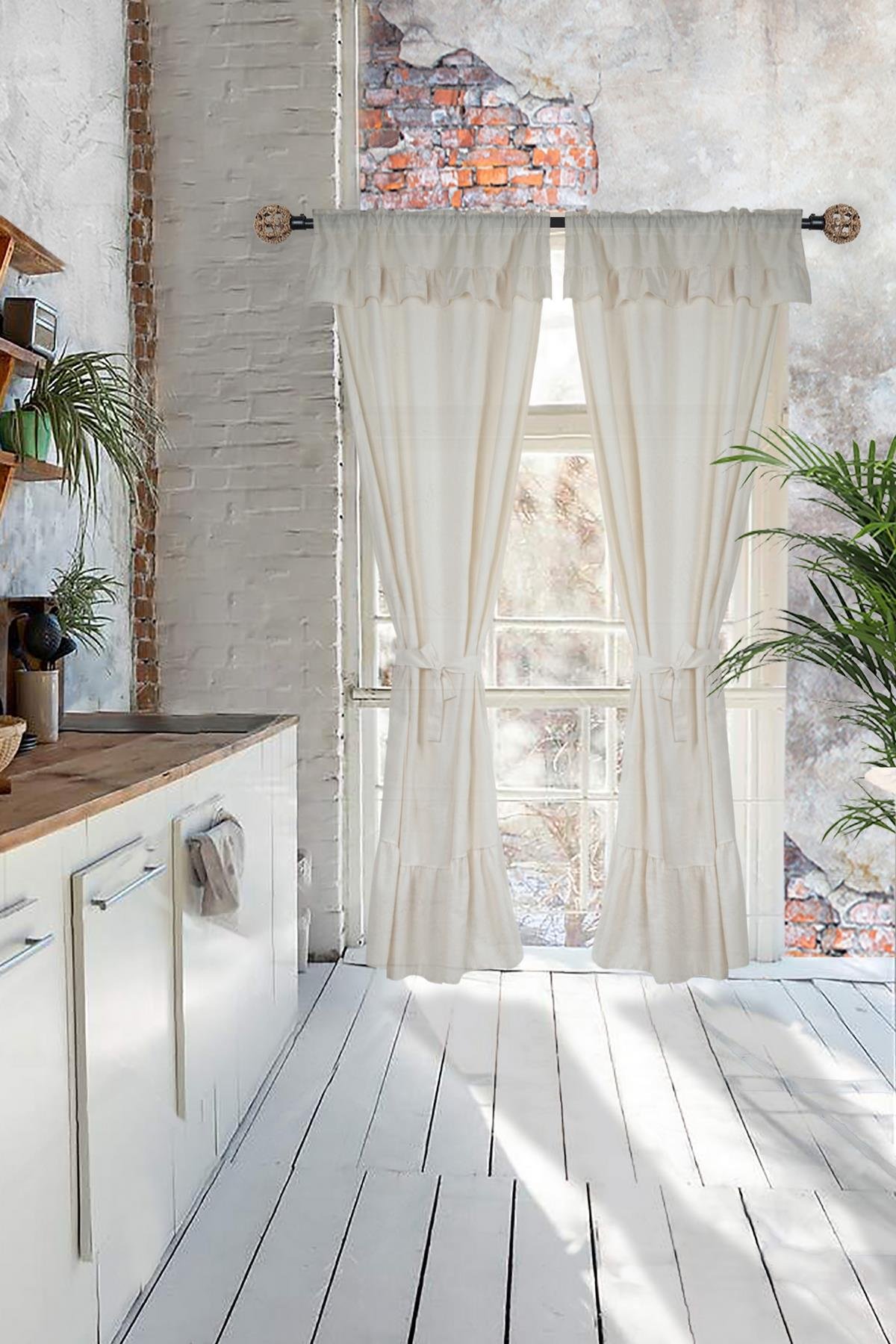 Naturel Fırfırlı Perde Farbalı Vintage Çift Kanat Krem