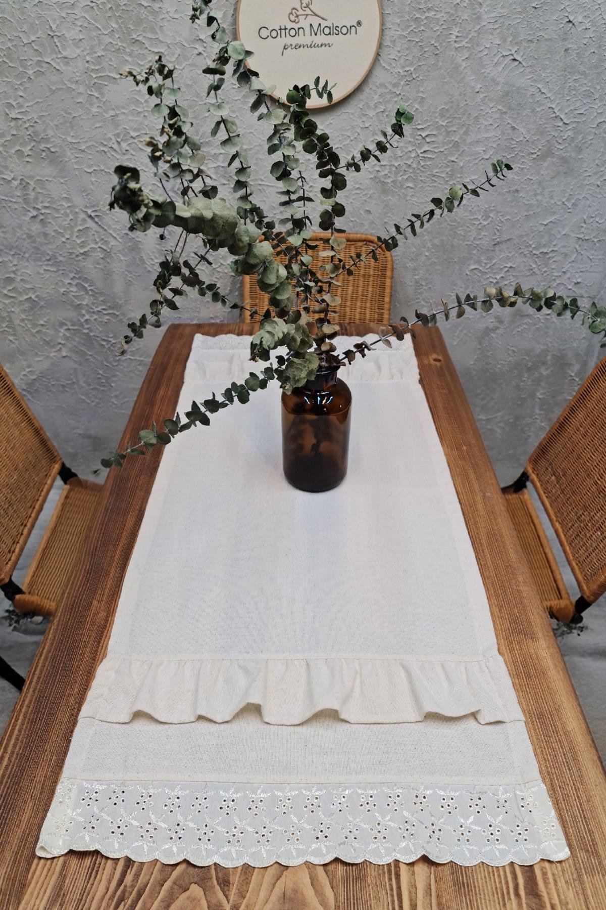 Naturel Fırfırlı Runner Vintage 40x110 Cm Fistolu