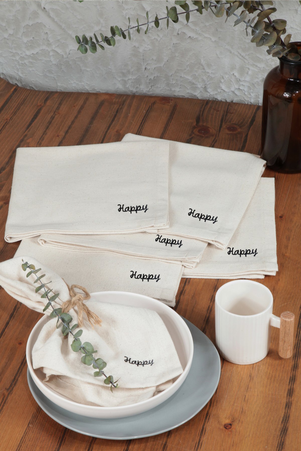 Naturel Peçete 6 Lı Motto Işlemeli Pamuk Keten Otantik 45x45 Cm Happy
