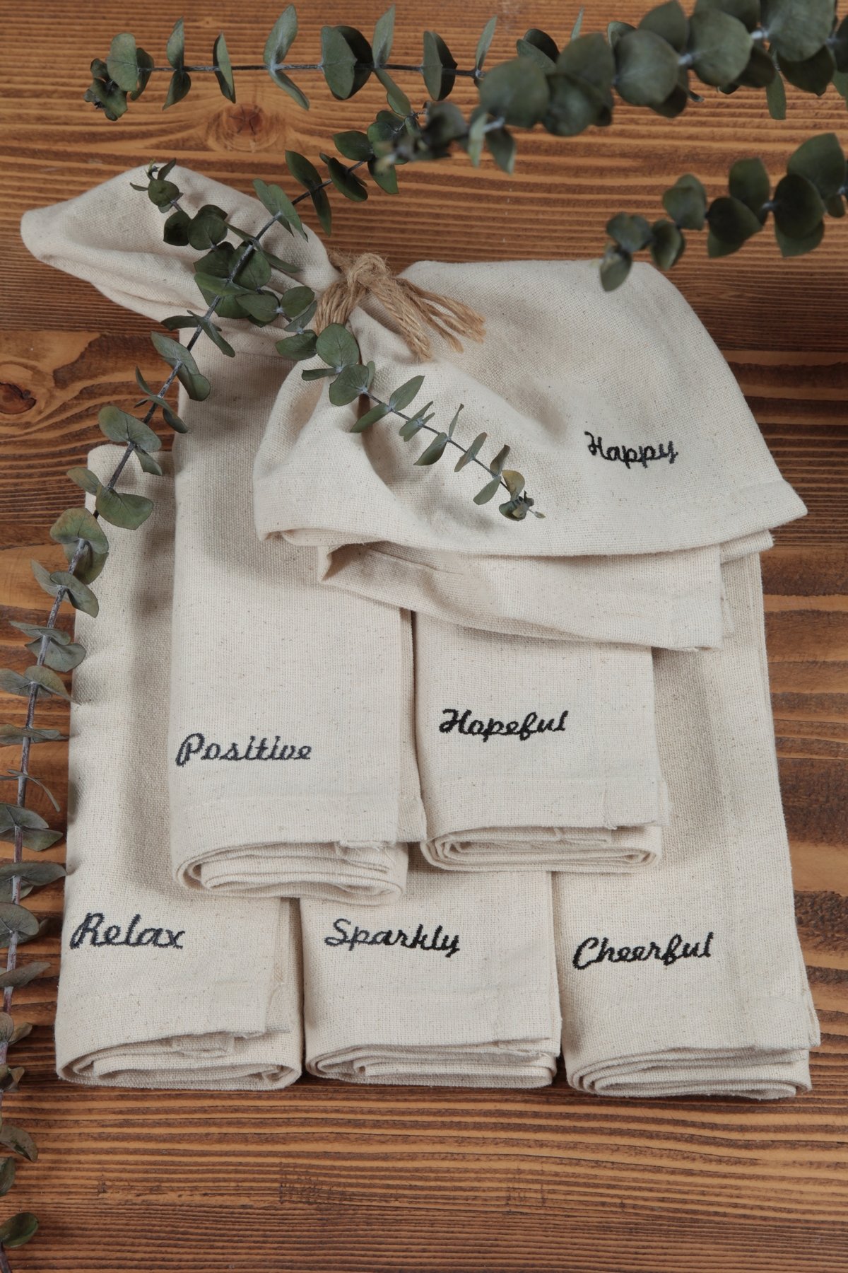 Naturel Peçete 6 Lı Motto Işlemeli Pamuk Keten Otantik 45x45 Cm