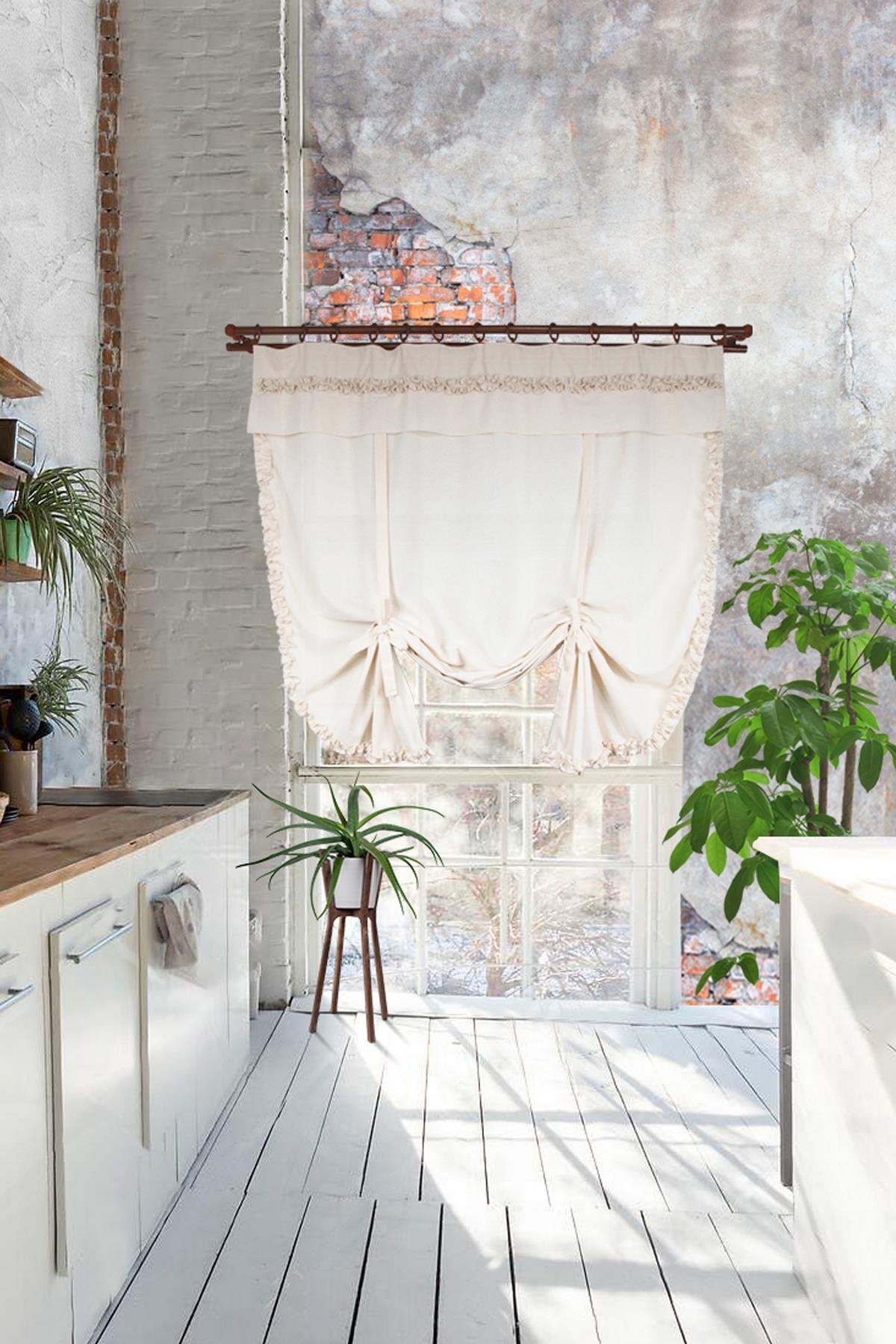 Naturel Potlu Perde Bohem Büzgü Bantlı