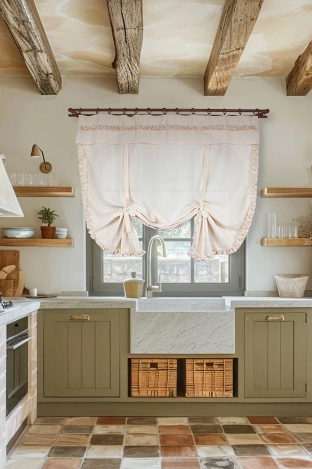 Naturel Potlu Perde Bohem Büzgü Bantlı