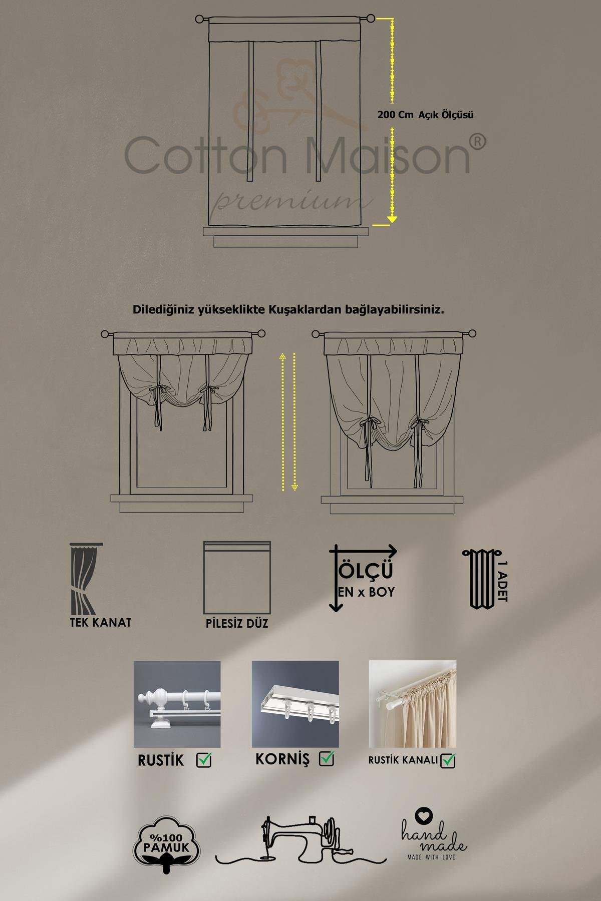 Naturel Potlu Perde Bohem Büzgü Bantlı
