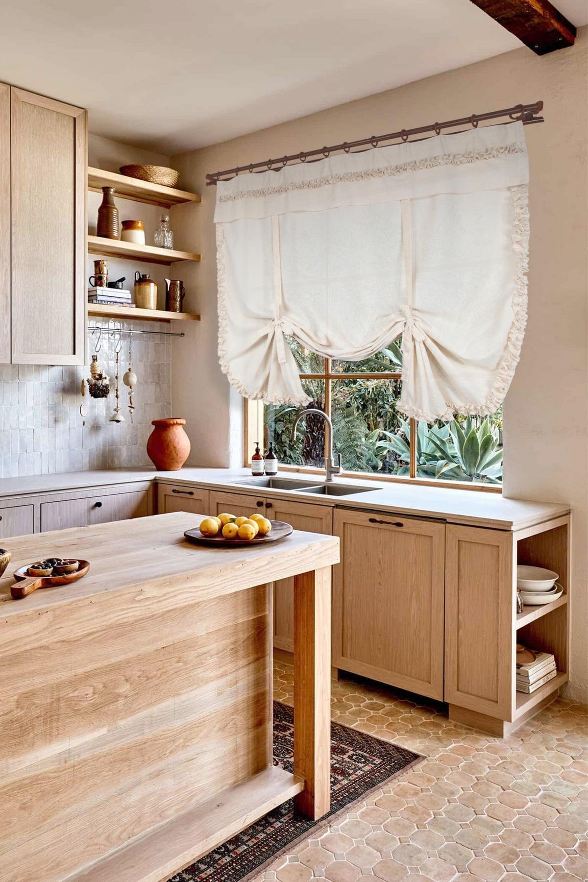 Naturel Potlu Perde Bohem Büzgü Bantlı