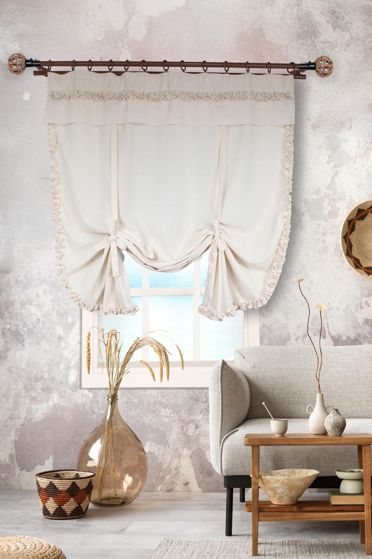 Naturel Potlu Perde Bohem Büzgü Bantlı