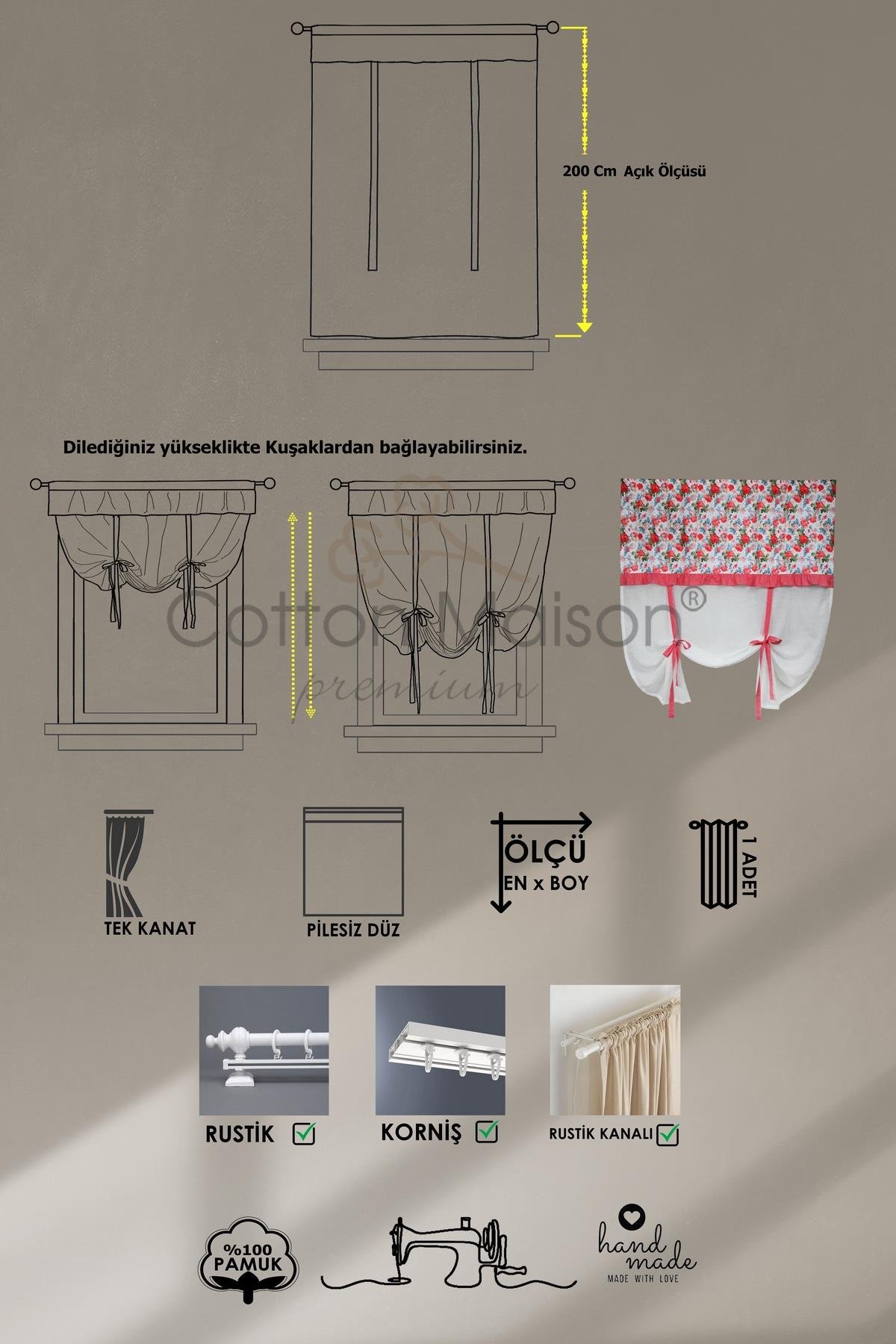 Naturel Potlu Tül Perde Spring Fırfırlı Çiçek