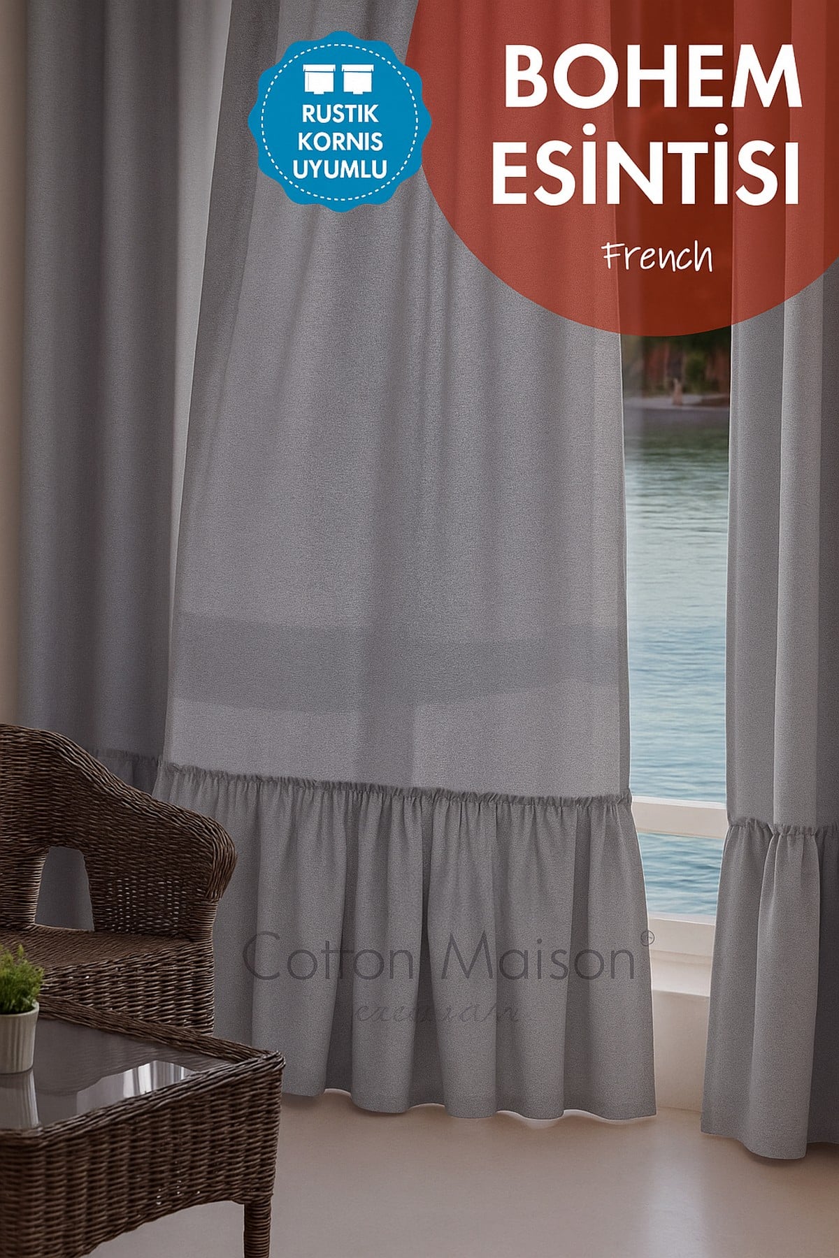 Poli Bohem French Stil Fırfırlı Perde - Tek Kanat, rustik ve Korniş Uyumlu