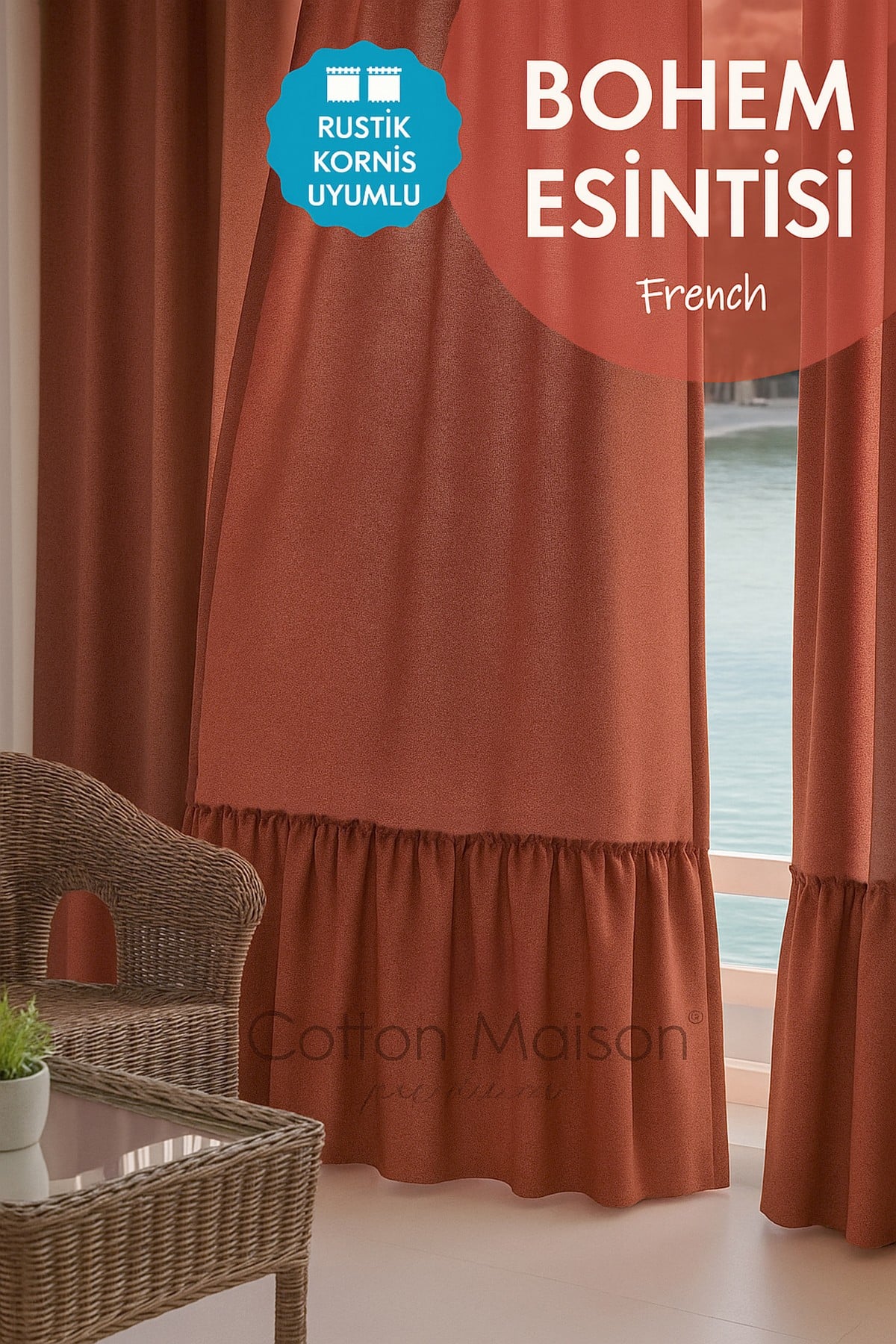 Poli Bohem French Stil Fırfırlı Perde - Tek Kanat, rustik ve Korniş Uyumlu