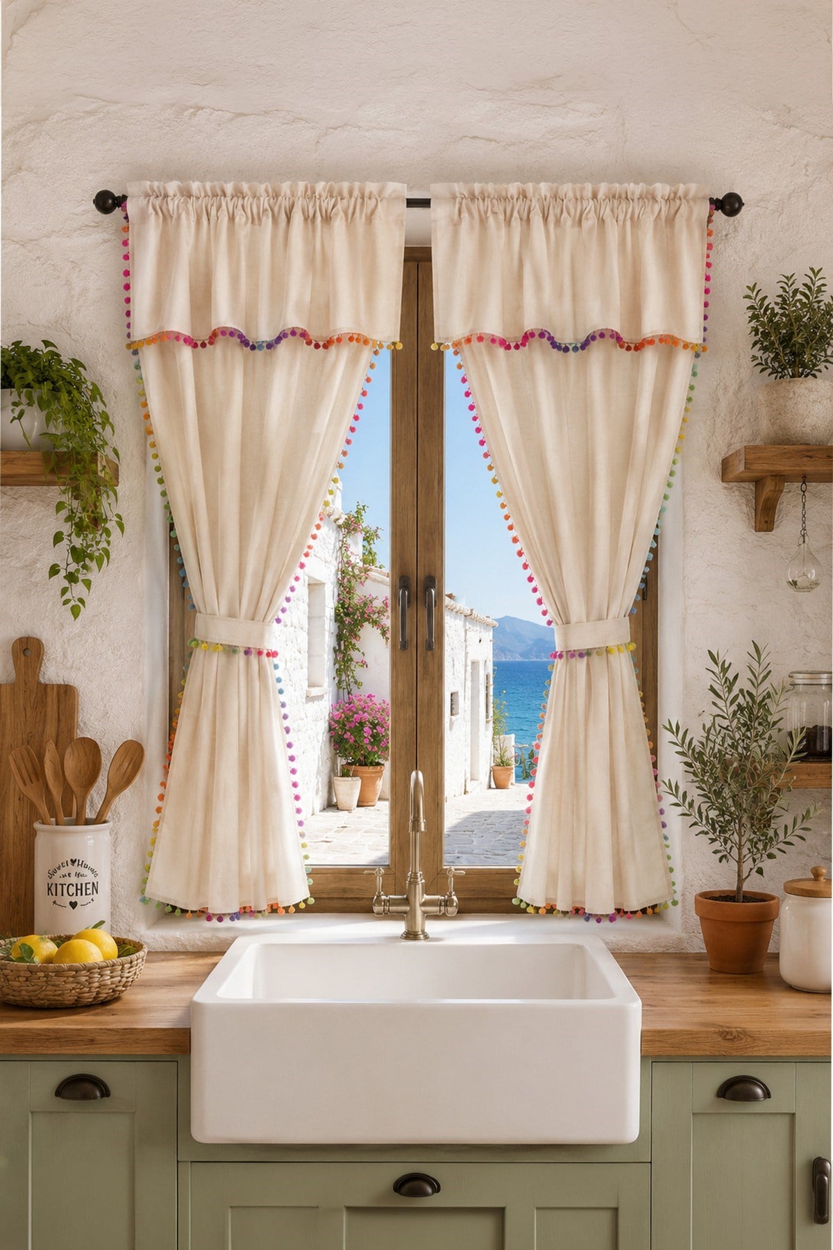 Ponponlu Rainbow Boho Naturel  Fon Perde - Tek Kanat, rustik ve Korniş Uyumlu
