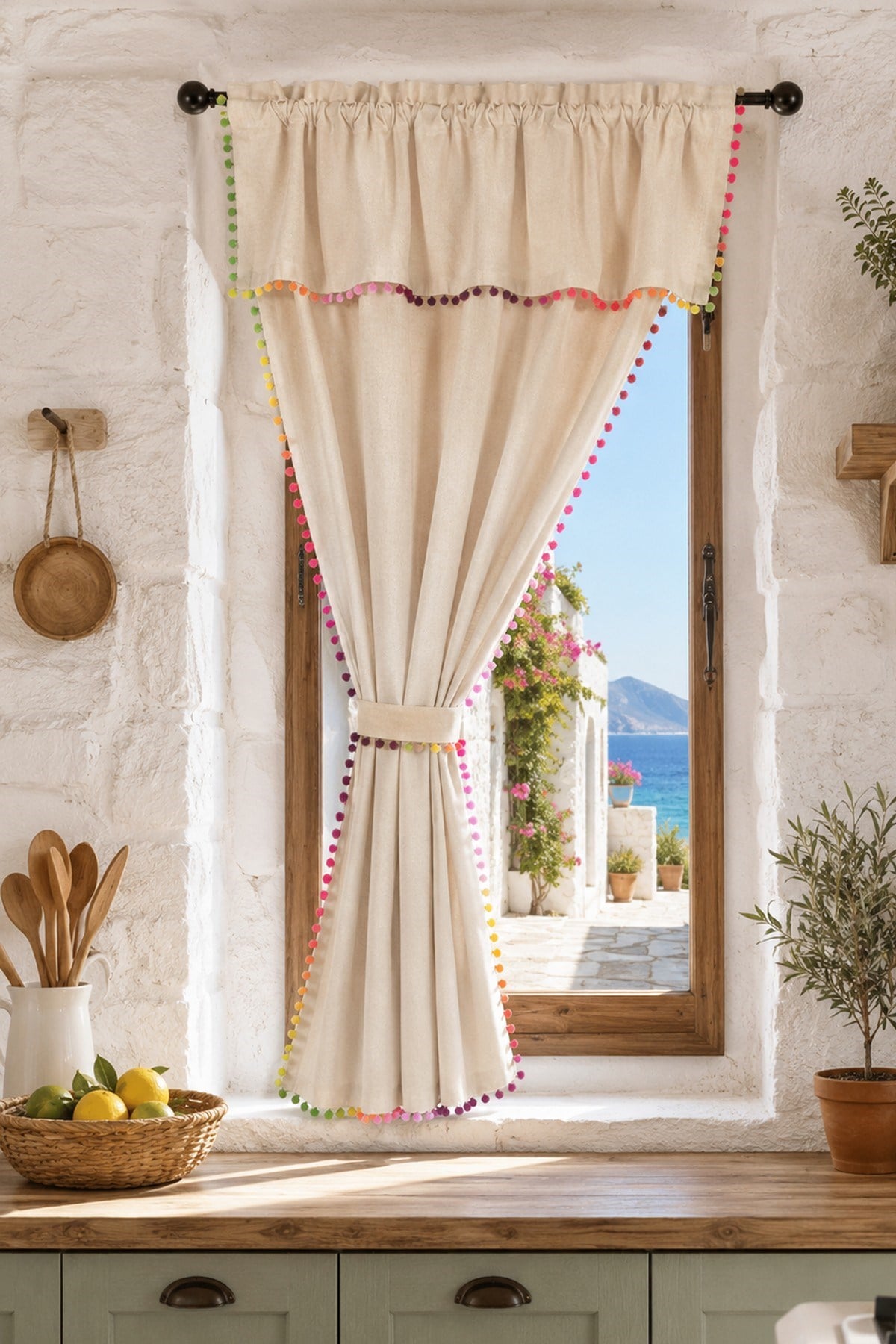 Ponponlu Rainbow Boho Naturel  Fon Perde - Tek Kanat, rustik ve Korniş Uyumlu