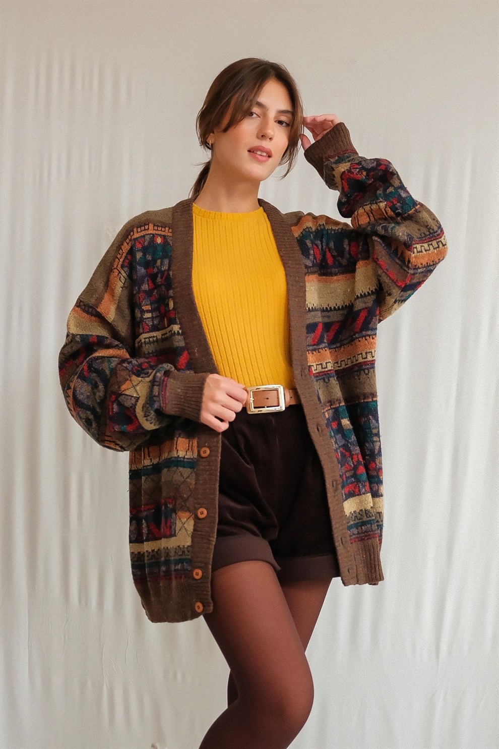 80ler Desenli Oversize Hırka