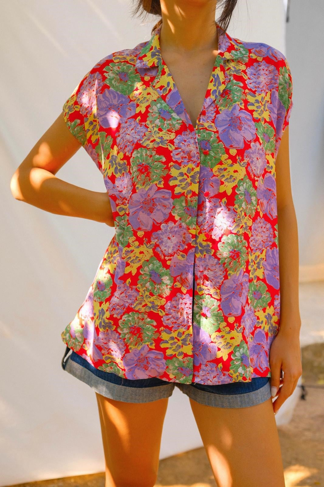 90lar Floral Kolsuz Gömlek