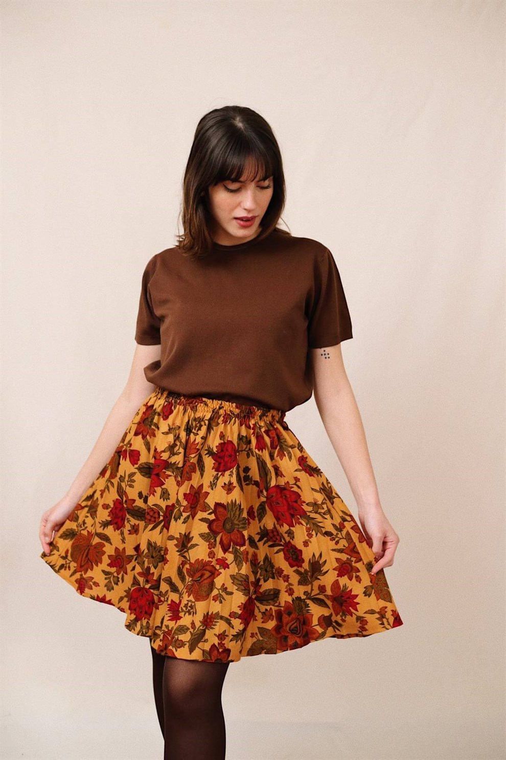 Floral Pileli Etek
