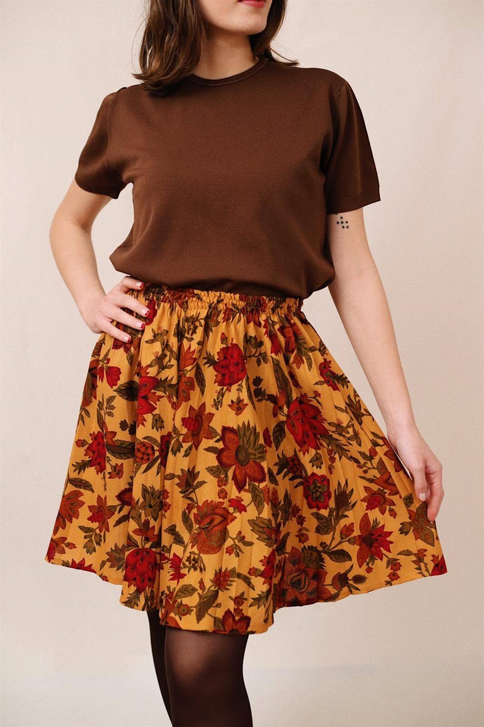 Floral Pileli Etek