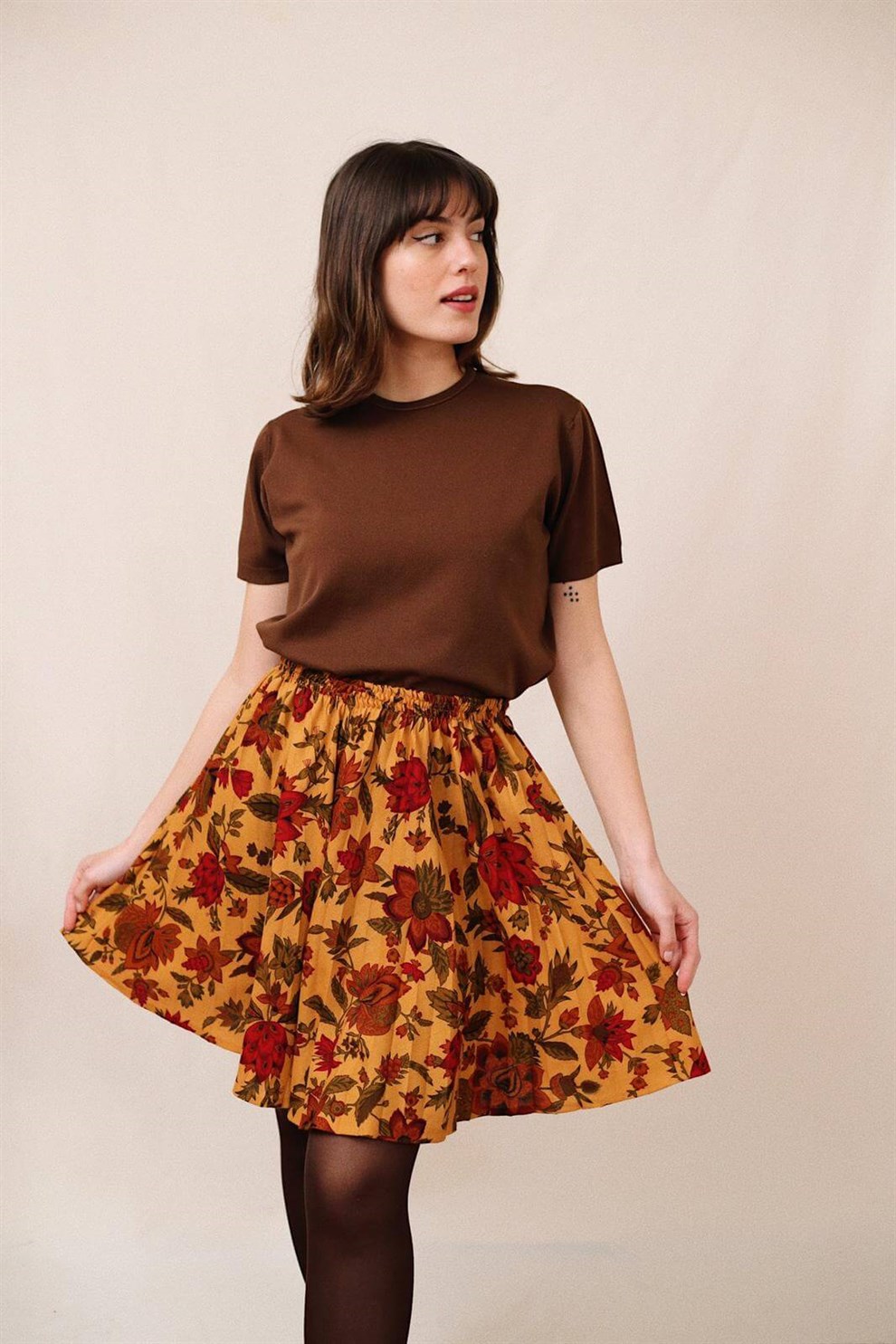 Floral Pileli Etek