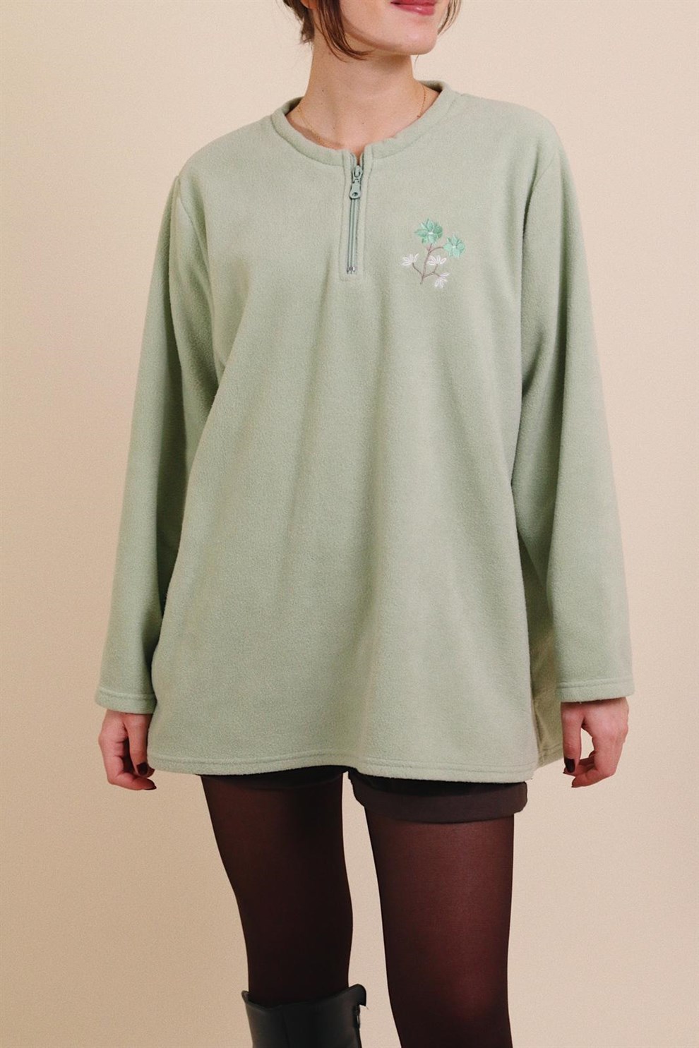 İşlemeli Yeşil Polar Sweat