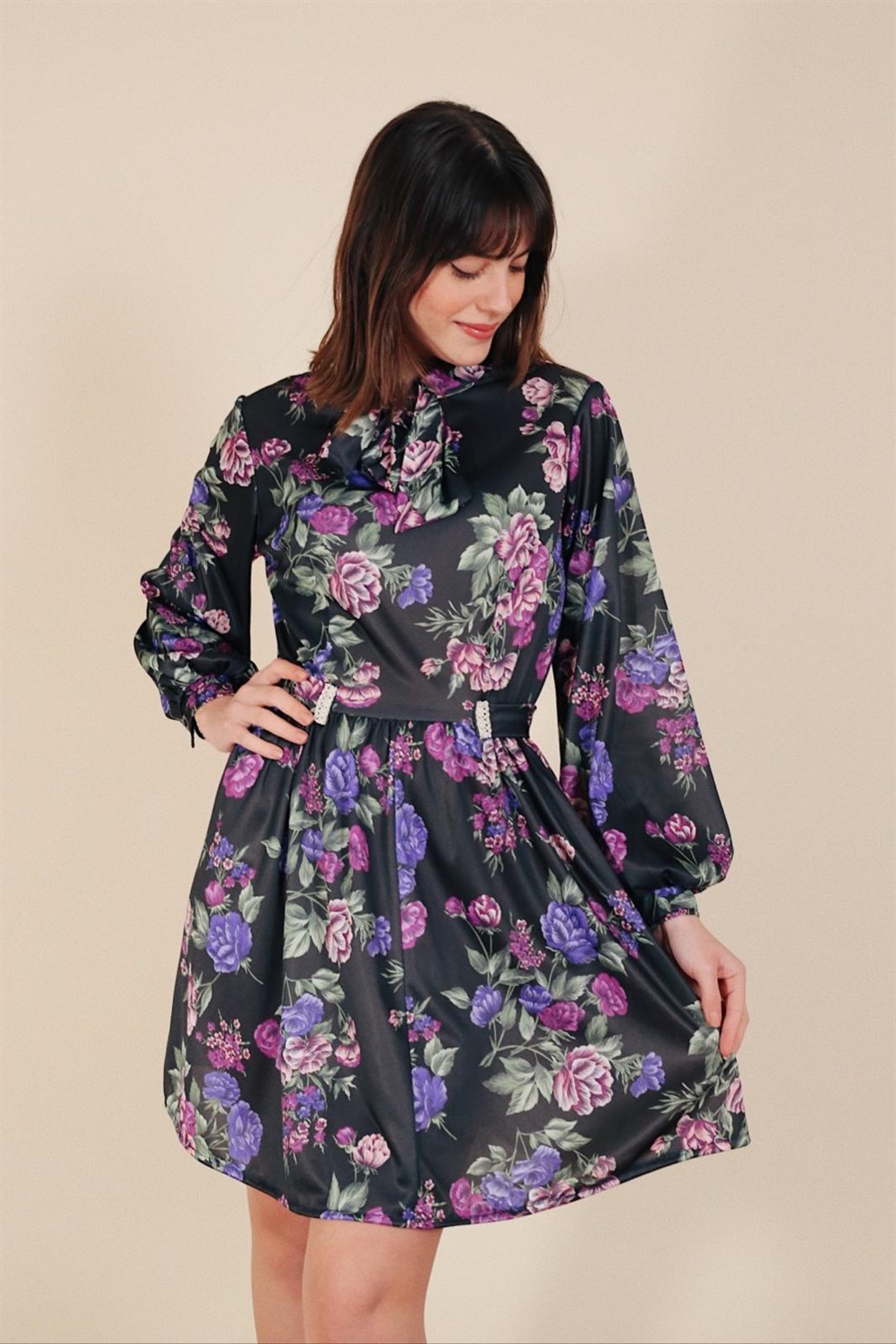 Mor Floral Elbise