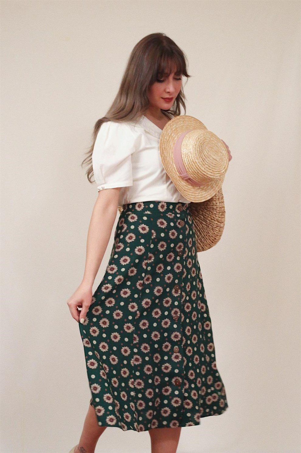 Yeşil Floral Monroe Etek