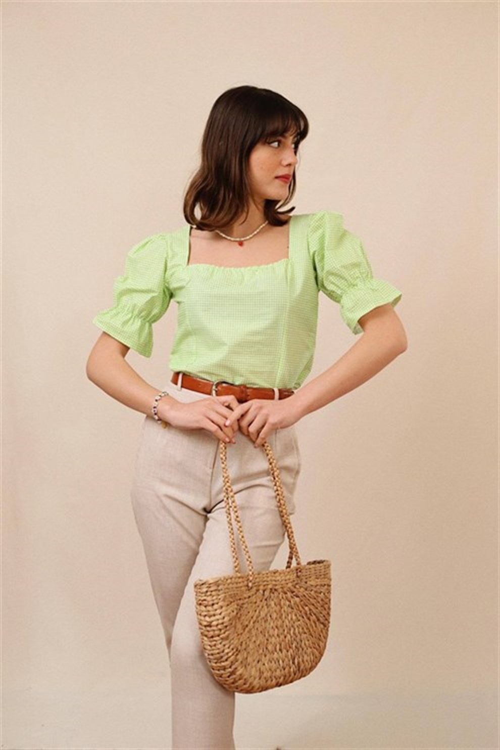 Yeşil Pöti Kareli Clementine Bluz