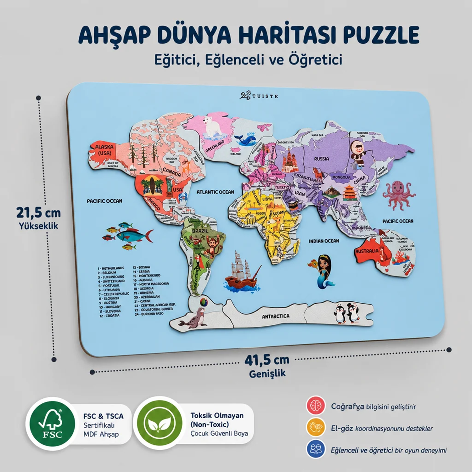 Atlas World Map Premium Ahşap Dünya Haritası Puzzle - Eğitici Coğrafya Yapbozu