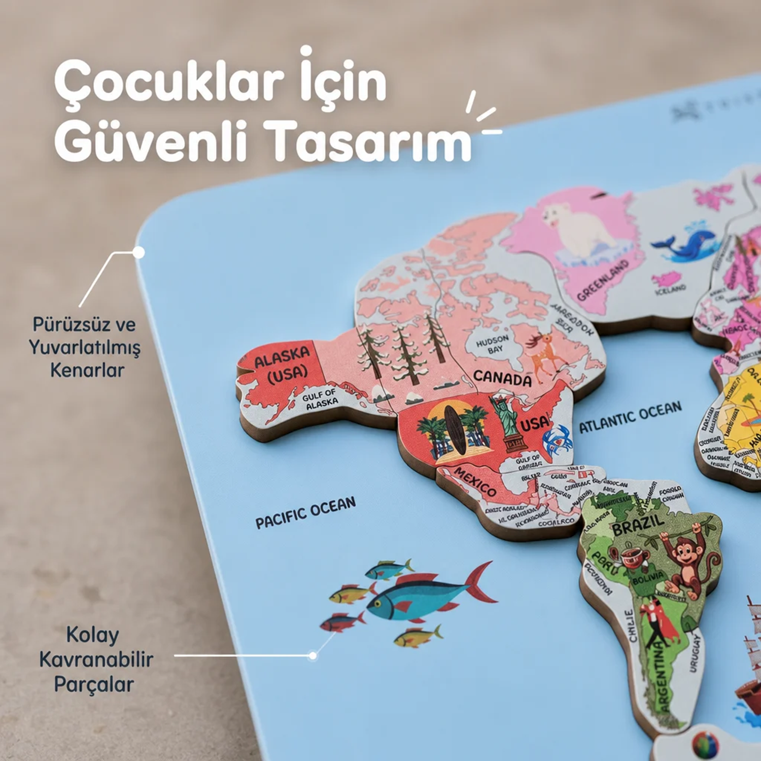 Atlas World Map Premium Ahşap Dünya Haritası Puzzle - Eğitici Coğrafya Yapbozu