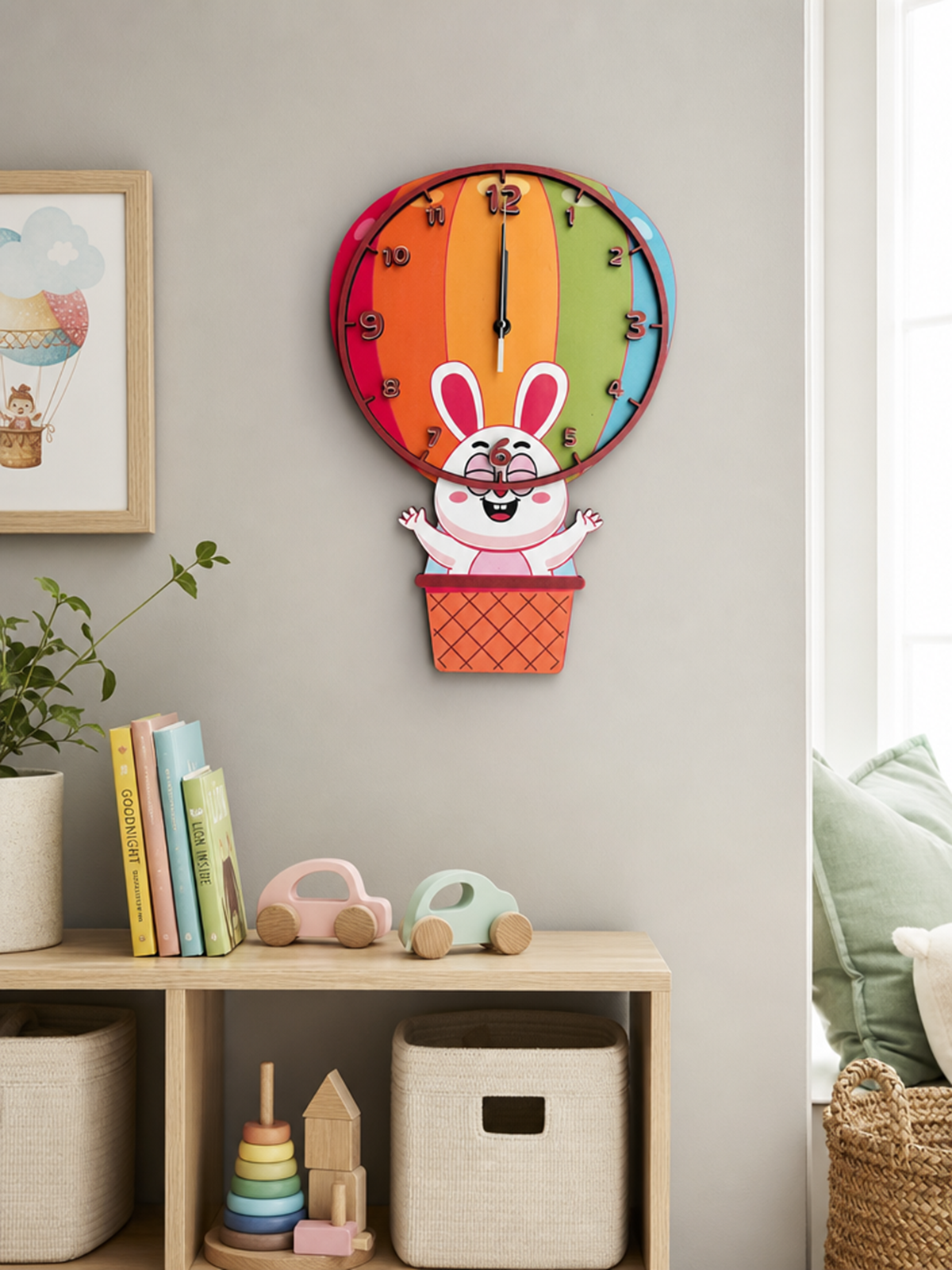 Bunny Balloon Tavşan Temalı Ahşap Duvar Saati