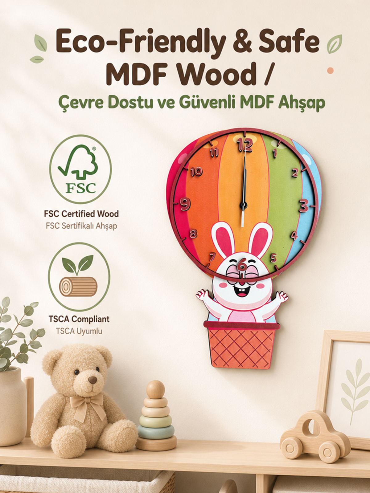 Bunny Balloon Tavşan Temalı Ahşap Duvar Saati