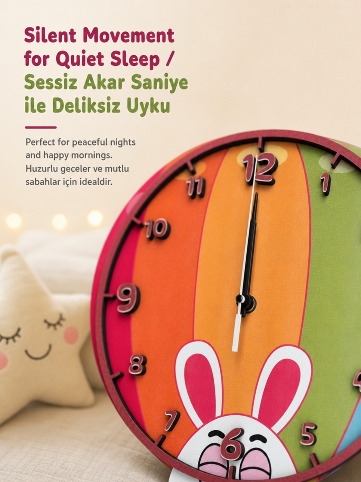 Bunny Balloon Tavşan Temalı Ahşap Duvar Saati