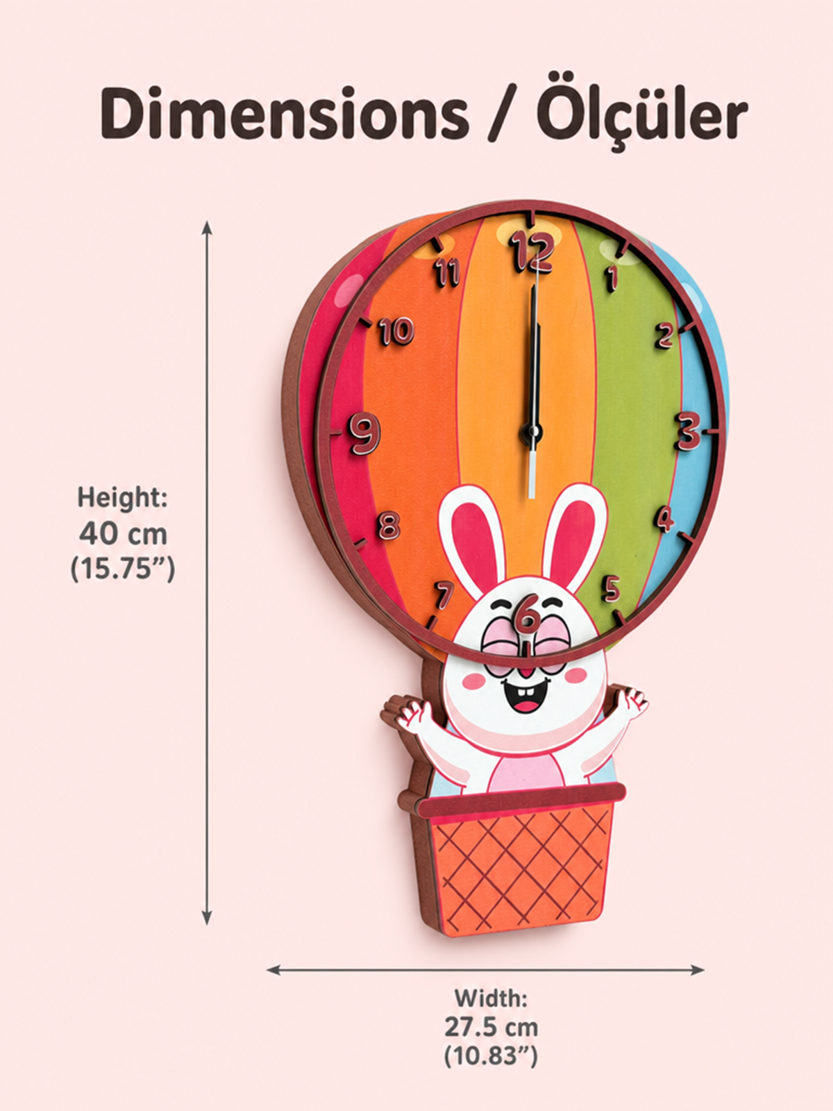 Bunny Balloon Tavşan Temalı Ahşap Duvar Saati