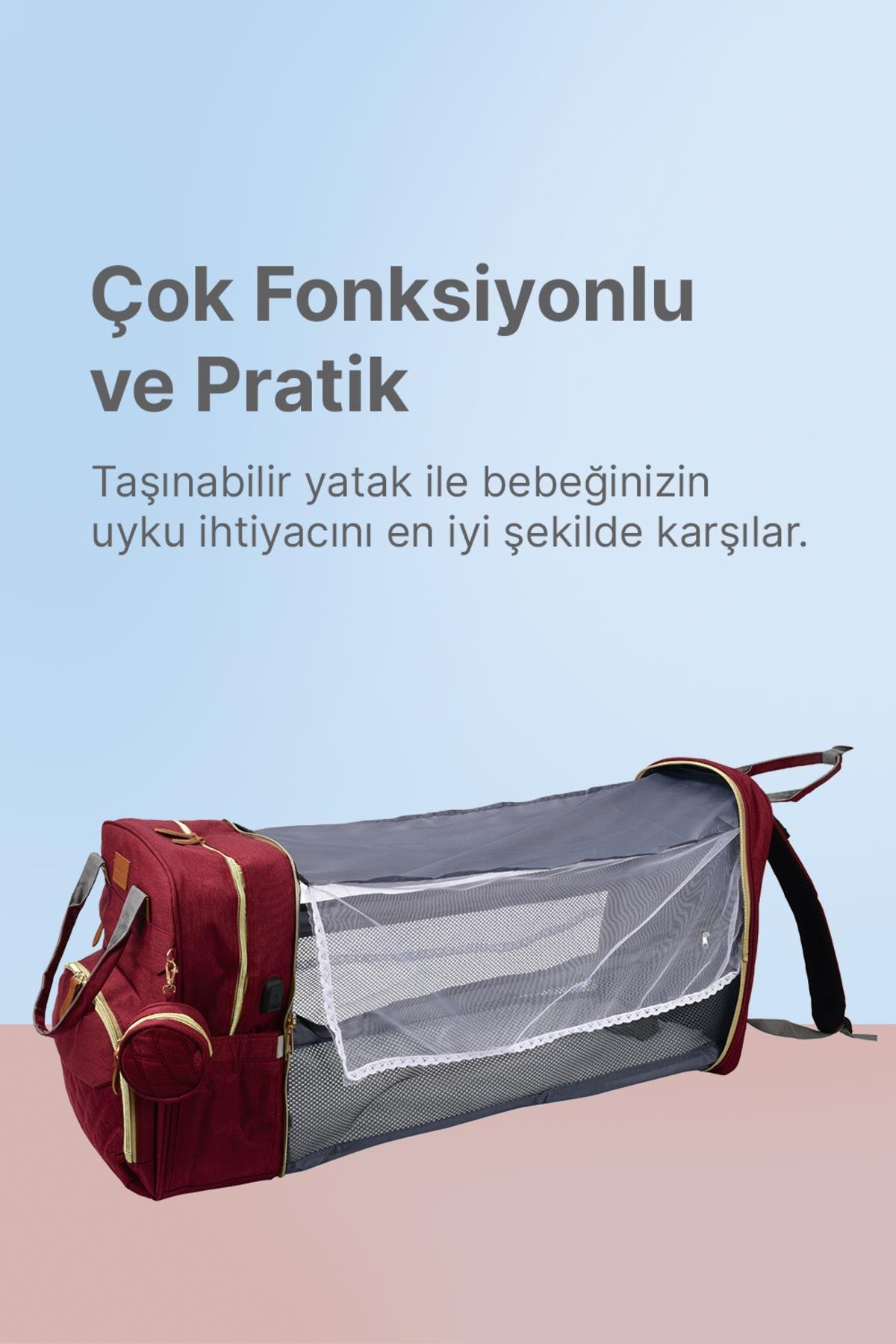 Çok Fonksiyonlu Bordo Anne-Bebek Bakım Çantası