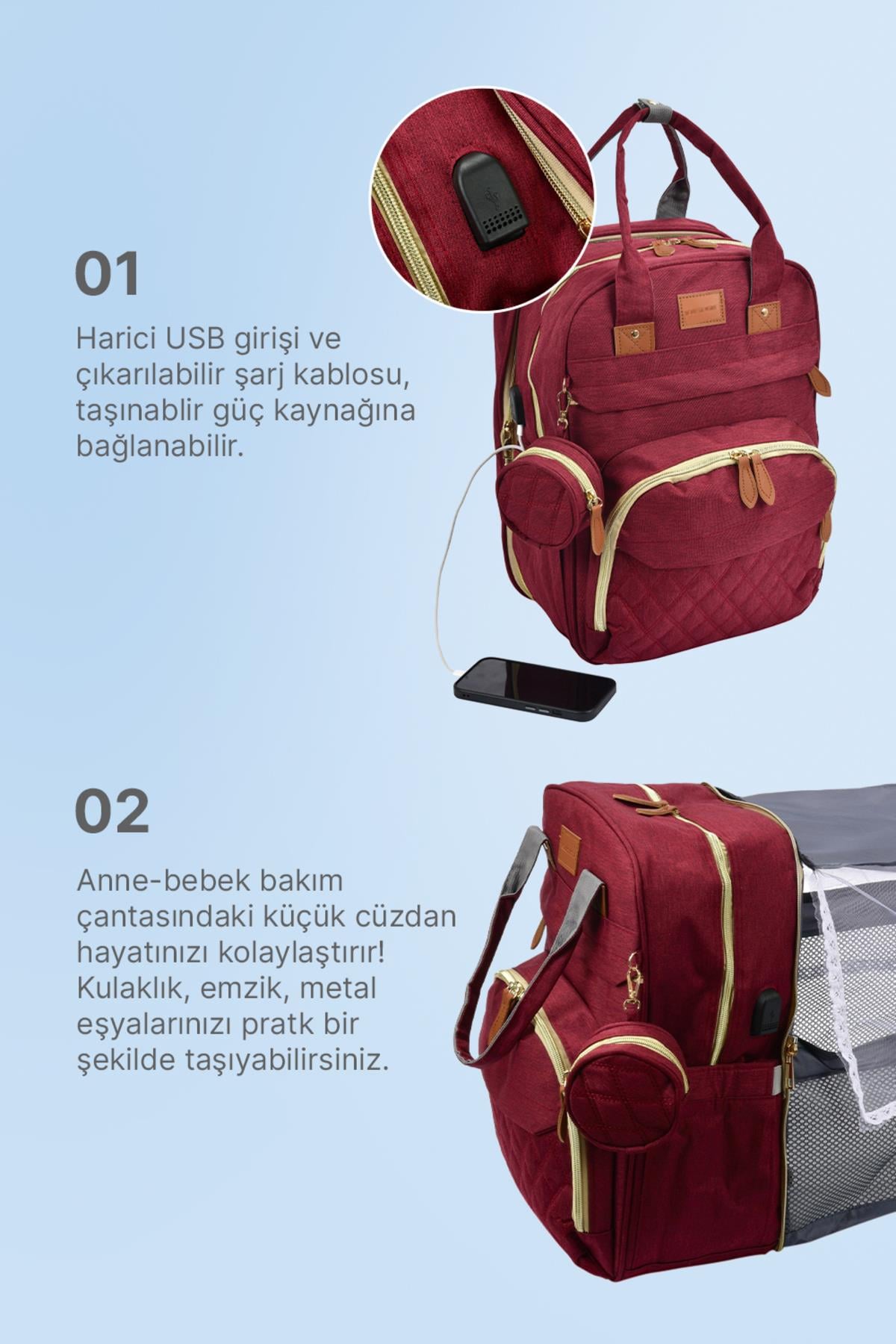 Çok Fonksiyonlu Bordo Anne-Bebek Bakım Çantası