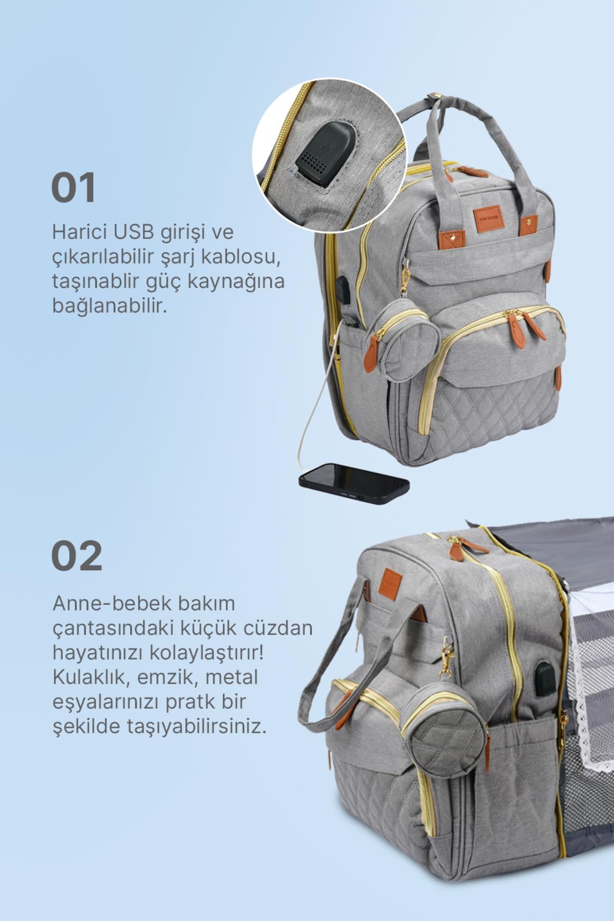 Çok Fonksiyonlu Gri Anne-Bebek Bakım Çantası
