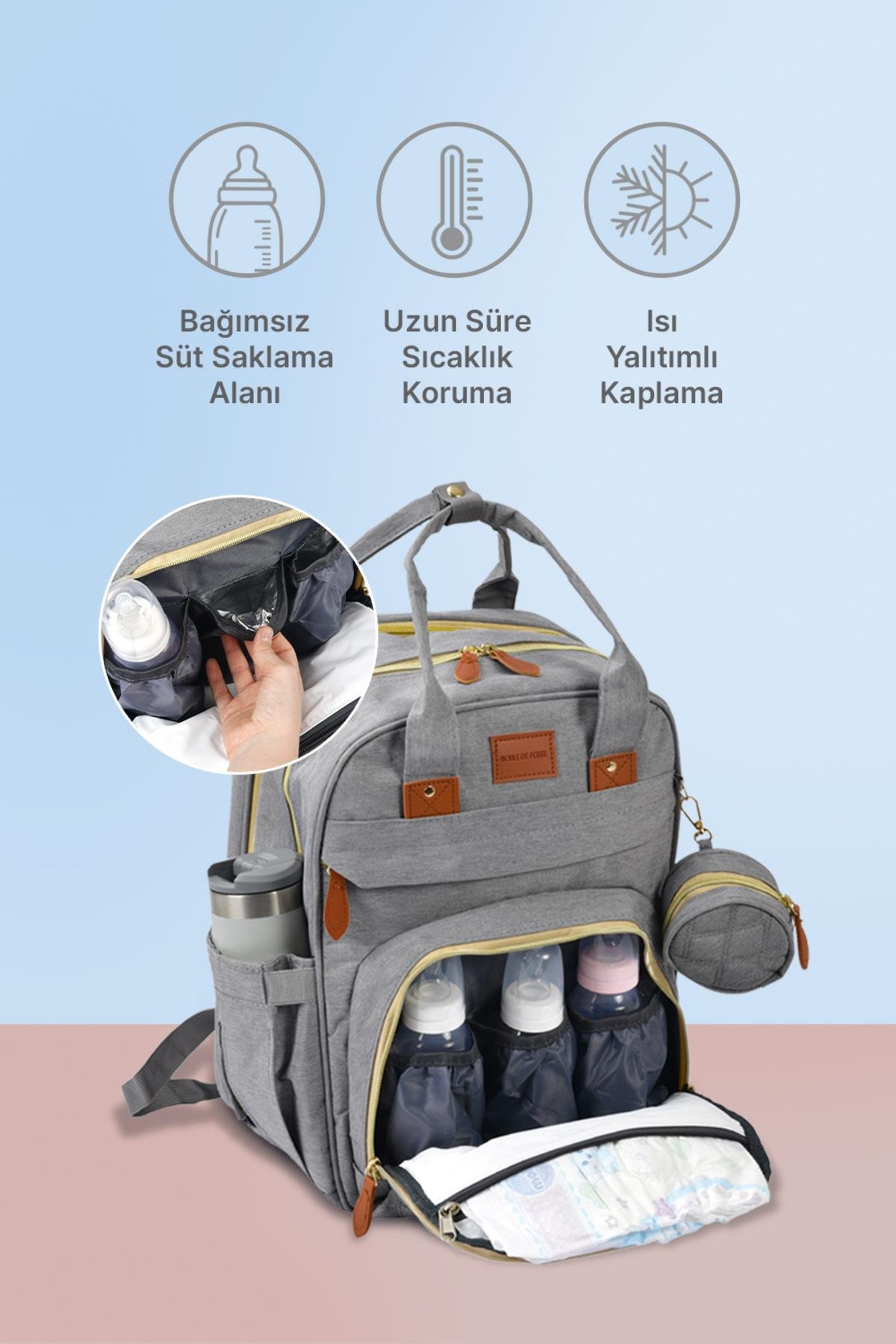Çok Fonksiyonlu Gri Anne-Bebek Bakım Çantası