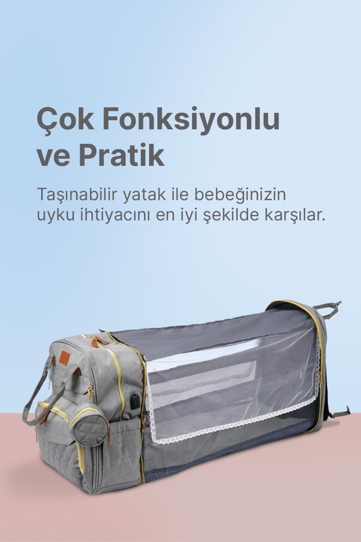 Çok Fonksiyonlu Gri Anne-Bebek Bakım Çantası