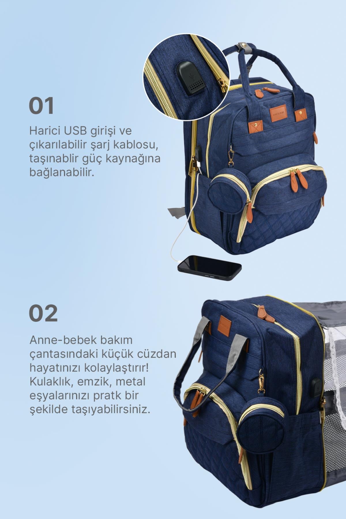 Çok Fonksiyonlu Lacivert Anne-Bebek Bakım Çantası