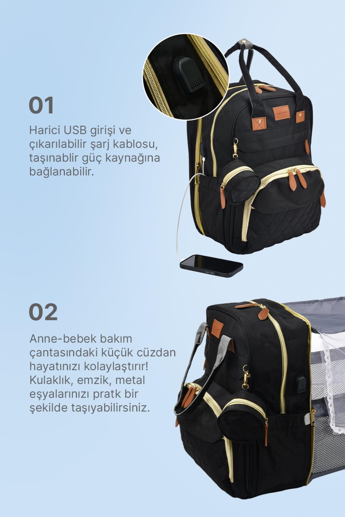 Çok Fonksiyonlu Siyah Anne-Bebek Bakım Çantası