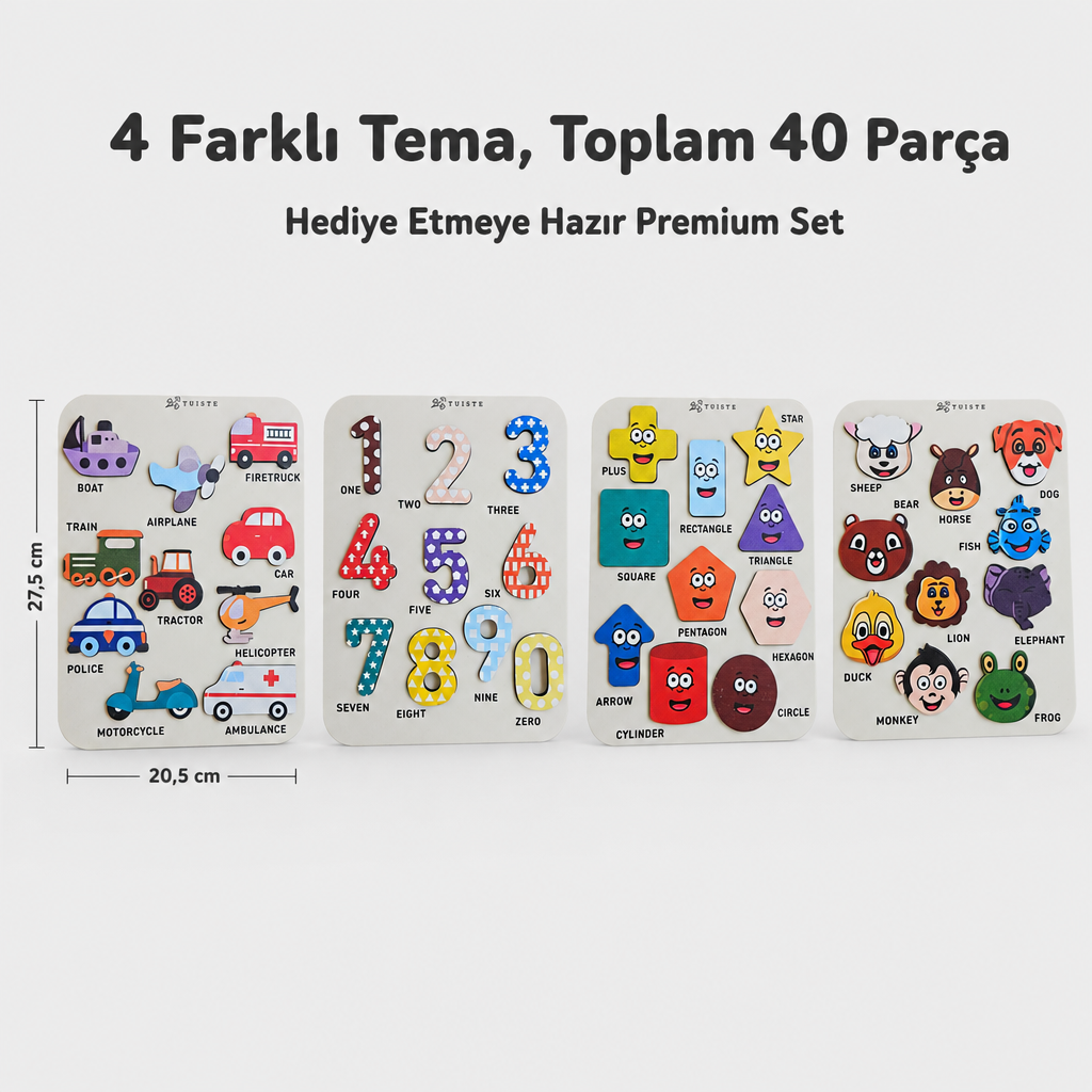 Multi-concept Premium Eğitici Ahşap Puzzle Seti - 4'lü Tematik Gelişim Yapbozu