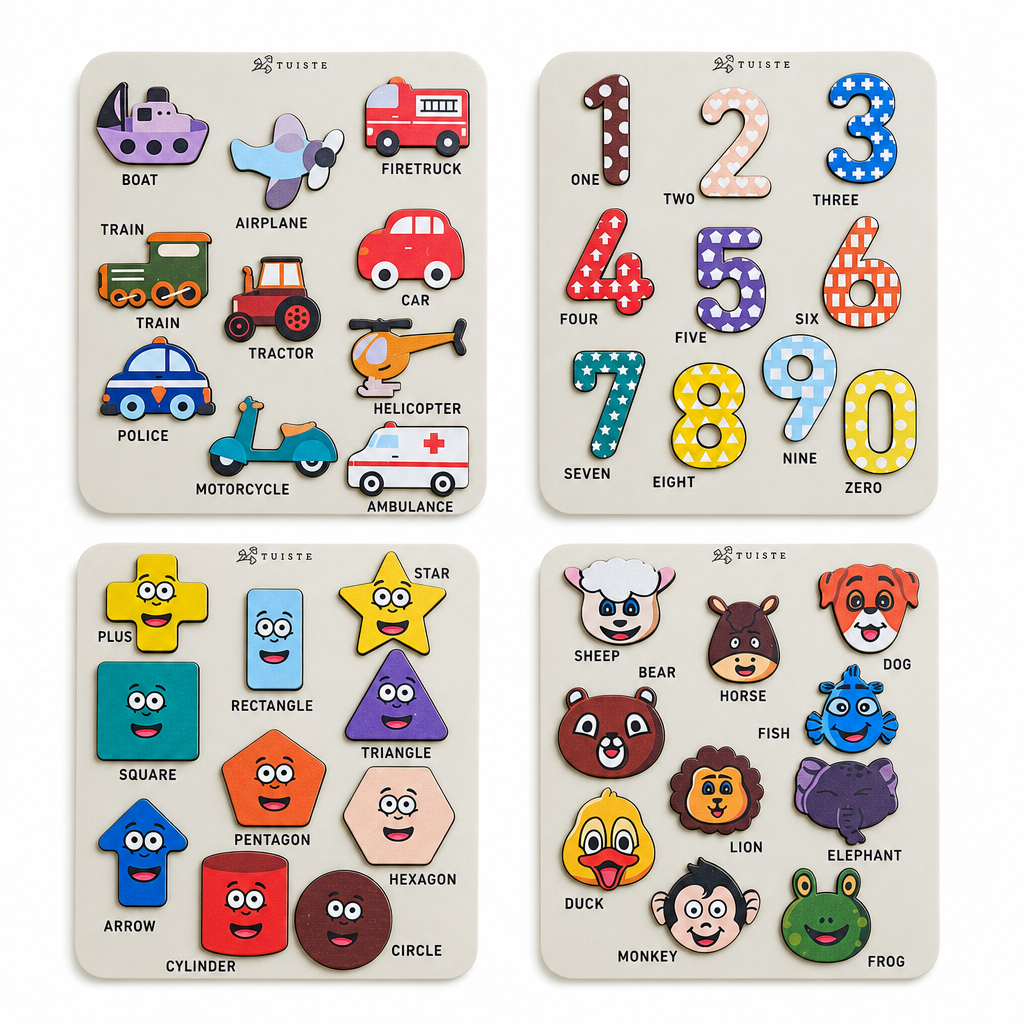 Multi-concept Premium Eğitici Ahşap Puzzle Seti - 4'lü Tematik Gelişim Yapbozu