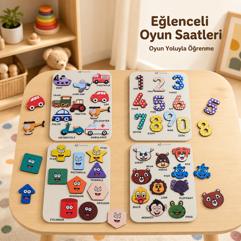 Multi-concept Premium Eğitici Ahşap Puzzle Seti - 4'lü Tematik Gelişim Yapbozu