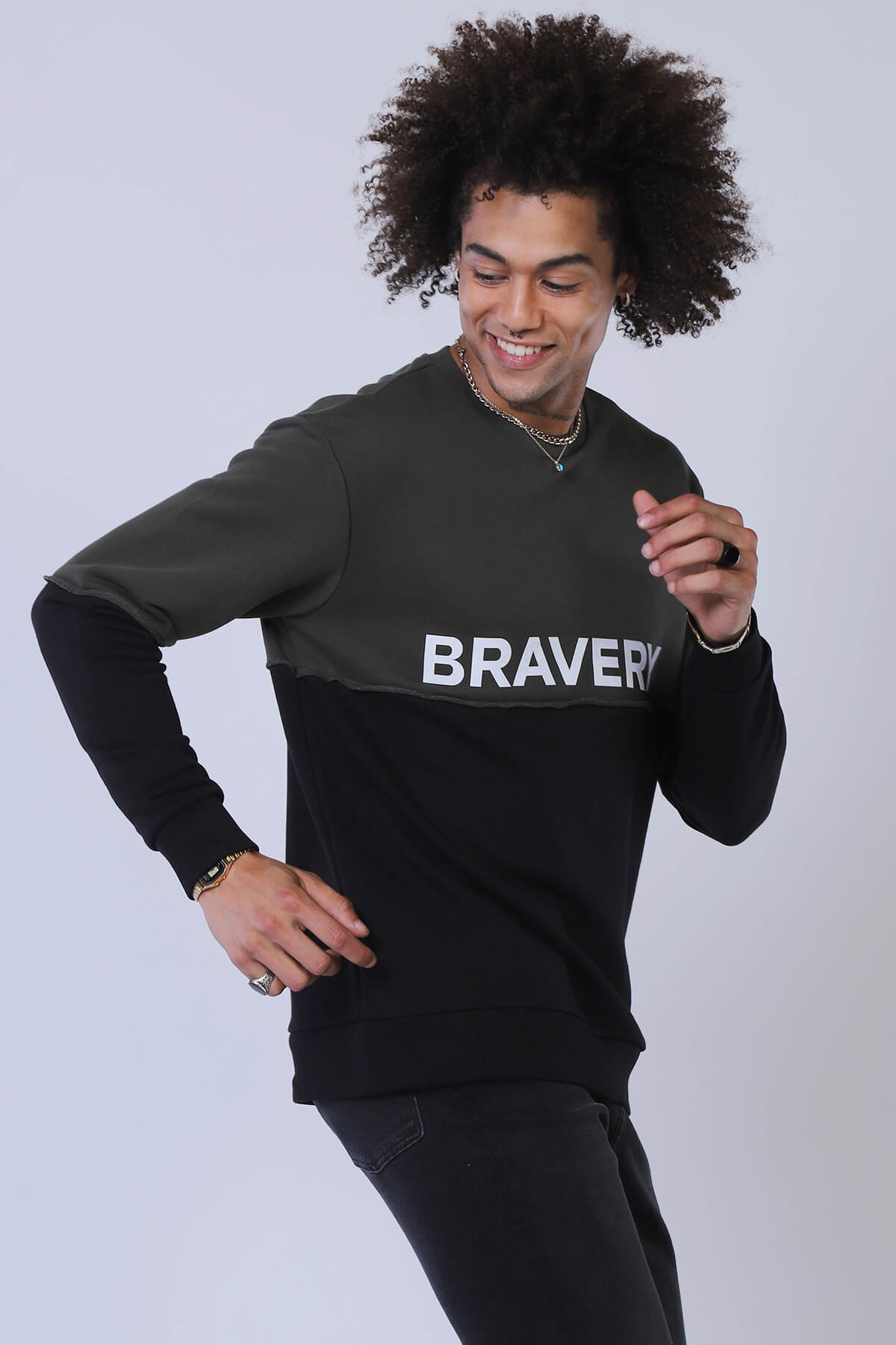 Erkek Relaxed Sweatshirt Esw 1798 HAKI-SIYAHErkek Relaxed Sweatshirt Esw 1798 HAKI-SIYAH