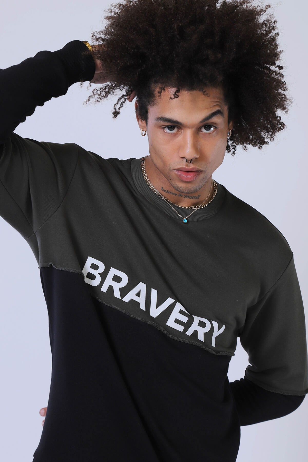 Erkek Relaxed Sweatshirt Esw 1798 HAKI-SIYAHErkek Relaxed Sweatshirt Esw 1798 HAKI-SIYAH