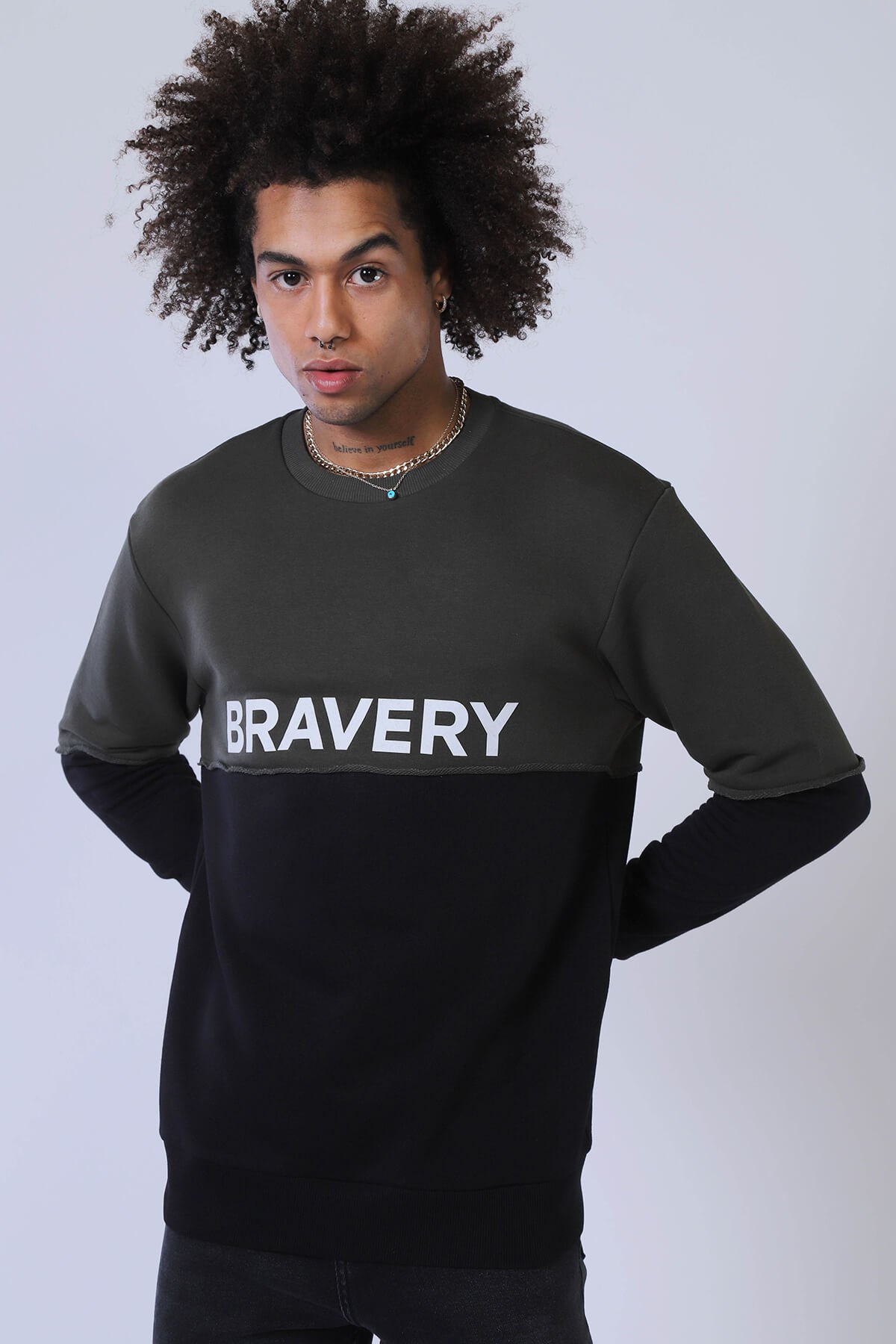 Erkek Relaxed Sweatshirt Esw 1798 HAKI-SIYAHErkek Relaxed Sweatshirt Esw 1798 HAKI-SIYAH