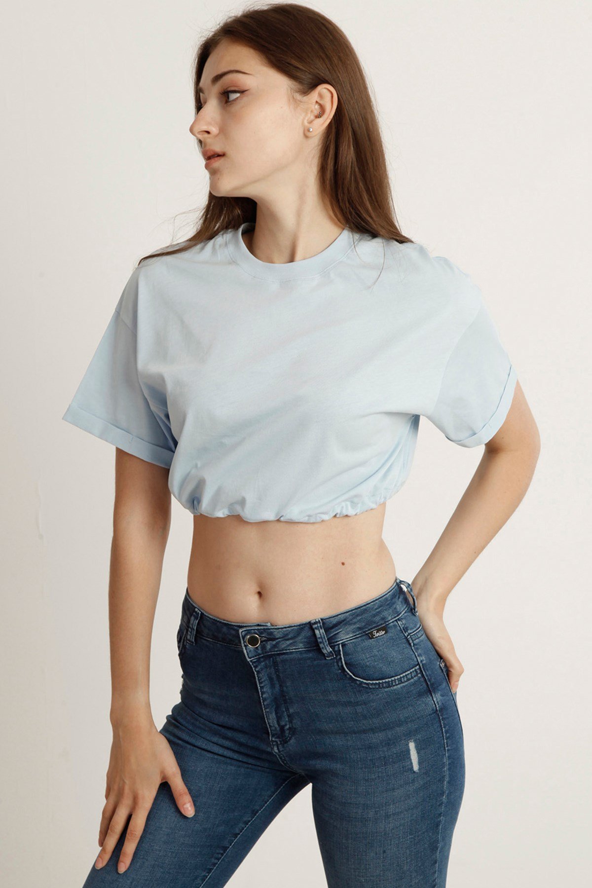 Kadın Crop  Bisiklet Yaka Tshirt Bts 1004 MAVIKadın Crop  Bisiklet Yaka Tshirt Bts 1004 MAVI