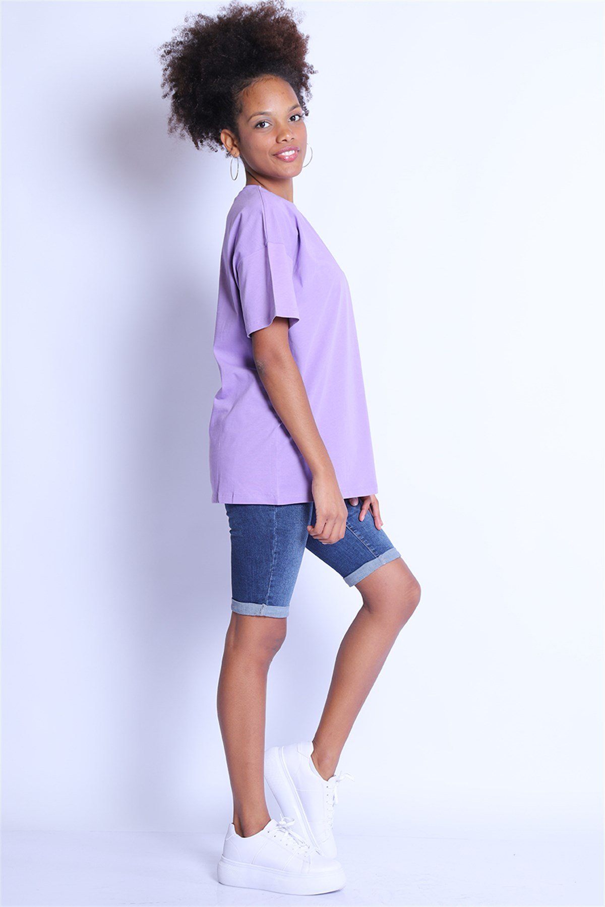 Kadın Oversize  Bisiklet Yaka Tshirt Bts 1008 LİLAKadın Oversize  Bisiklet Yaka Tshirt Bts 1008 LİLA