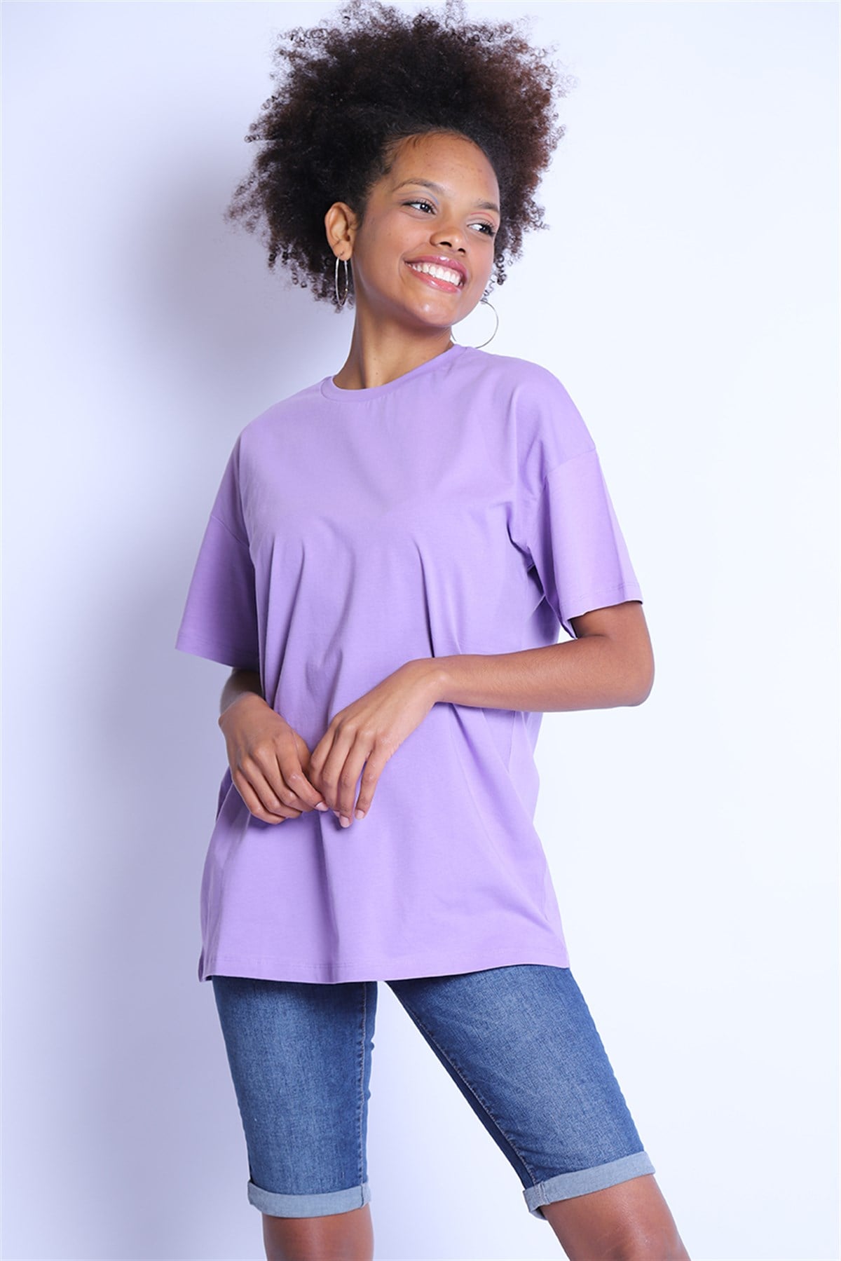 Kadın Oversize  Bisiklet Yaka Tshirt Bts 1008 LİLAKadın Oversize  Bisiklet Yaka Tshirt Bts 1008 LİLA