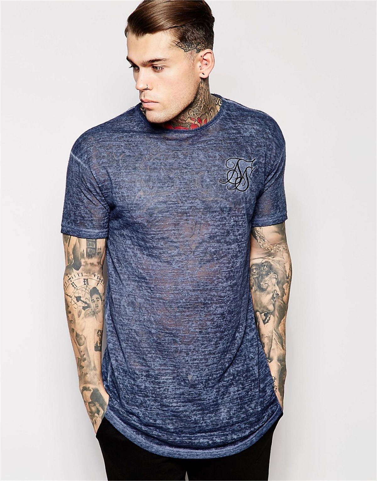 Altı Kavisli Long T-Shirt Lacivert-Yağ Yıkama